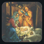 Weihnachtskrippe, Baby Jesus in Gefahr Quadratischer Aufkleber<br><div class="desc">Vintage Illustration religiöses Weihnachtsdesign mit klassischer Krippe. Eine Christliche religiöse Familienszene mit Maria,  Joseph und dem Säugling Jesus Christus im Ranger mit Lamm und Schafen. Bethlehem.</div>