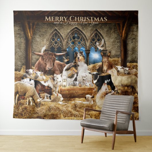 Weihnachtskrippe für Alltiere mit rauen Colliesen Wandteppich (Beispiel (Horizontal))