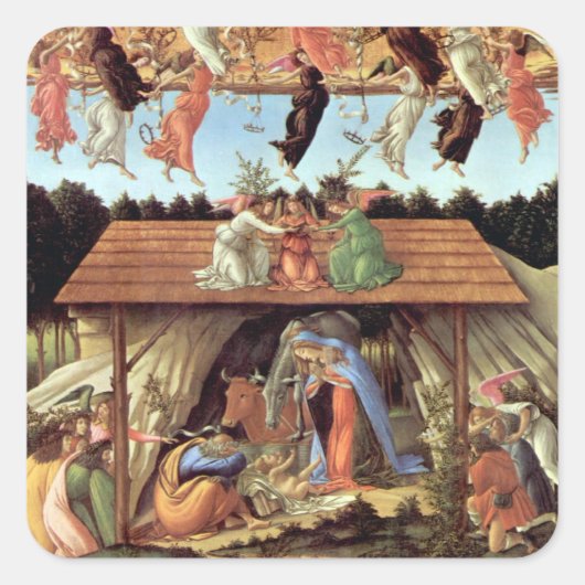 Weihnachtskrippe, Geburt Christi von Botticelli Quadratischer Aufkleber (Vorderseite)