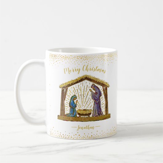 Weihnachtskrippe Goldtypografie Kaffeetasse (Links)