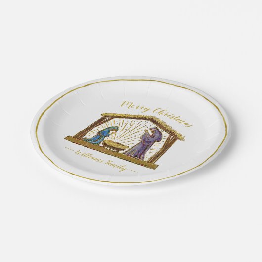 Weihnachtskrippe Goldtypografie Pappteller (Schrägansicht)