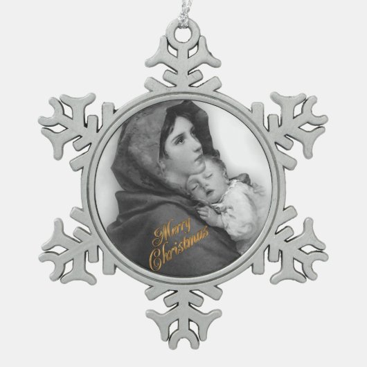 Weihnachtskrippe Madonna und Kinderschmuck Schneeflocken Zinn-Ornament (Vorderseite)