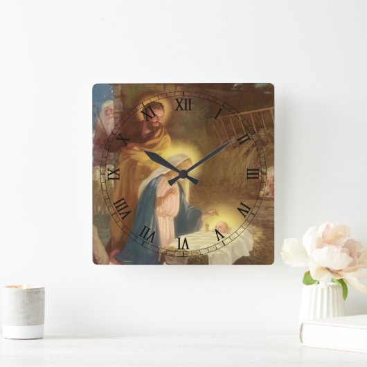 Weihnachtskrippe, Mary Joseph Baby Jesus Quadratische Wanduhr (Zuhause)