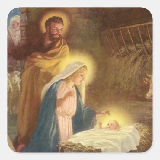 Weihnachtskrippe, Mary Joseph Baby Jesus Quadratischer Aufkleber (Vorderseite)