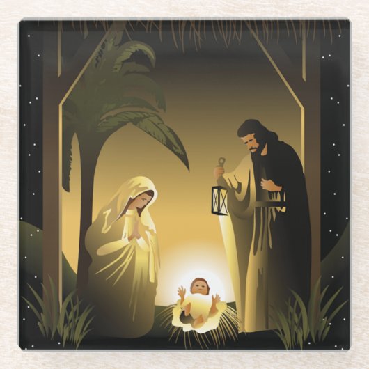 Weihnachtskrippe Mary, Joseph und Baby Jesus Glasuntersetzer (Vorderseite)