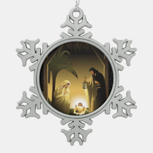 Weihnachtskrippe Mary, Joseph und Baby Jesus Schneeflocken Zinn-Ornament