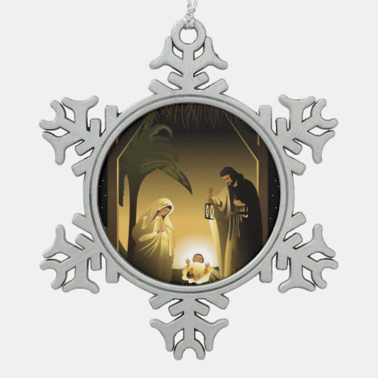 Weihnachtskrippe Mary, Joseph und Baby Jesus Schneeflocken Zinn-Ornament (Vorderseite)