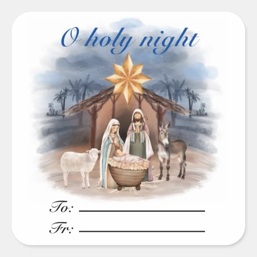Weihnachtskrippe O heilige Nacht Geschenksticker Quadratischer Aufkleber (Vorderseite)