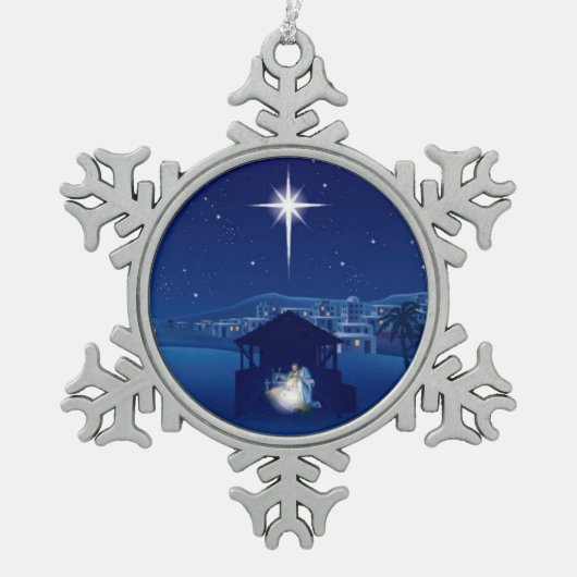 Weihnachtskrippe Schneeflocken Zinn-Ornament (Vorderseite)