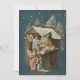 Weihnachtskrippe Szene Mary Angel Manger Vintag Feiertagskarte
