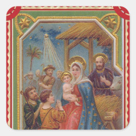 Weihnachtskrippe Vintages Design des Babys Jesus Quadratischer Aufkleber