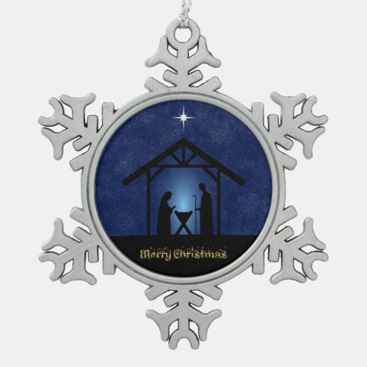 Weihnachtskrippen Religiöse Schneeflocken Zinn-Ornament (Vorderseite)