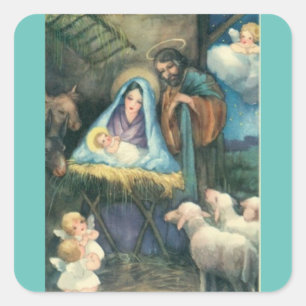 Weihnachtskrippen-Vintage-Aufkleber Quadratischer Aufkleber