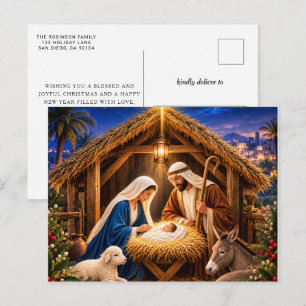 Weihnachtskrippenszene Baby Jesus Feiertage Frohe Feiertagspostkarte