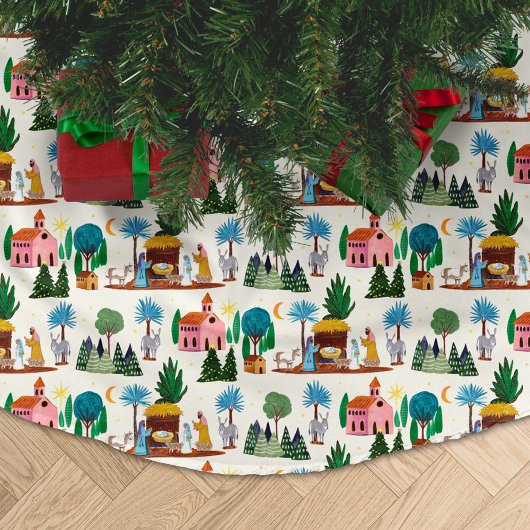 Weihnachtskrippenszene Ecru handgezeichnetes Weihn Polyester Weihnachtsbaumdecke