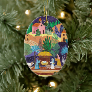 Weihnachtskrippenszene Religiöses Familienfoto Wei Keramik Ornament