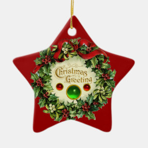 WEIHNACHTSKRONE MIT MISTELN UND STECHPALMENBEEREN KERAMIKORNAMENT