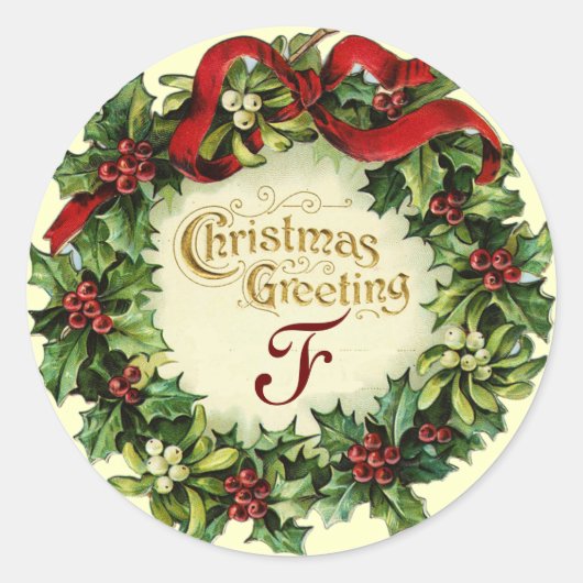 WEIHNACHTSKRONE MIT MISTELZWEIGEN UND STECHPALMENB RUNDER AUFKLEBER (Vorderseite)