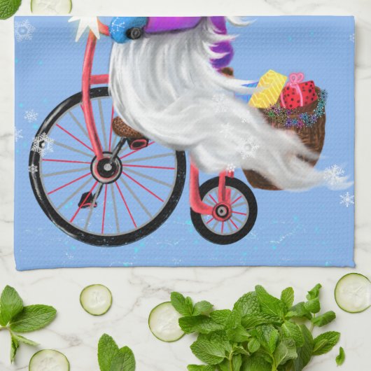 Weihnachtsküche Handtuch Gnome mit Fahrrad und Ges (Gefaltet)