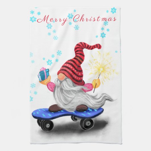 Weihnachtsküche Handtuch Skater Gnome mit Geschenk (Vertikal)