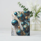 Weihnachtskugeln Blau Gold Festzauber Feiertagspostkarte (Stehend Vorderseite)