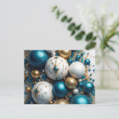Weihnachtskugeln Blau Gold Premium Feiertagspostkarte (Stehend Vorderseite)