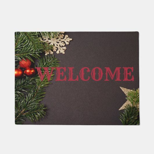 Weihnachtskugeln, Tannenzweig, Willkommen Fußmatte (Vorderseite)