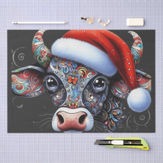 Weihnachtskuh Bull mit Weihnachtsmannmütze Folk En Seidenpapier (Handwerk)