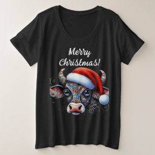 Weihnachtskuh Bull mit Weihnachtsmannmütze Mexikan Große Größe T-Shirt