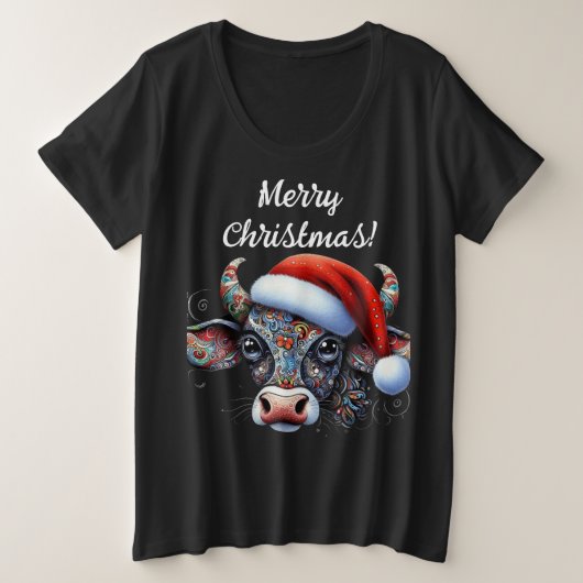 Weihnachtskuh Bull mit Weihnachtsmannmütze Mexikan Große Größe T-Shirt (Design vorne)