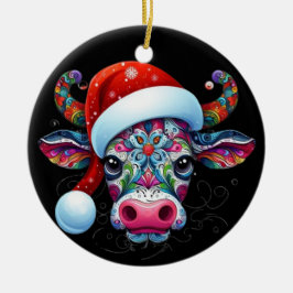 Weihnachtskuh Bull mit Weihnachtsmannmütze Mexikan Keramik Ornament