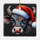 Weihnachtskuh Bull mit Weihnachtsmannmütze Mexikan Keramikornament (Rückseite)