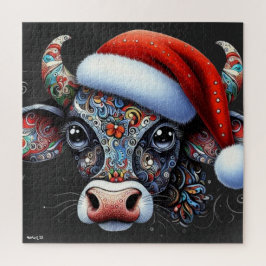Weihnachtskuh Bull mit Weihnachtsmannmütze Mexikan Puzzle
