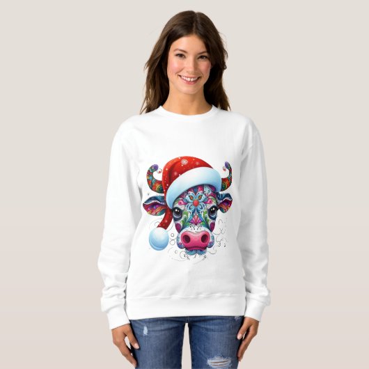 Weihnachtskuh Bull mit Weihnachtsmannmütze Mexikan Sweatshirt (Vorne ganz)