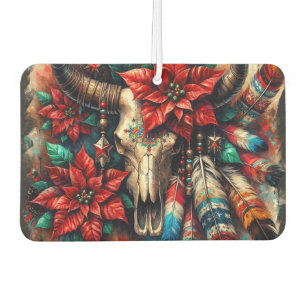Weihnachtskuh Bull Skull Poinsettias Feathers Autolufterfrischer