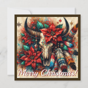 Weihnachtskuh Bull Skull Poinsettias Feathers Feiertagskarte