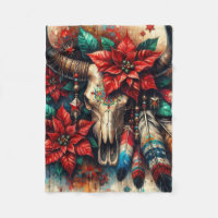 Weihnachtskuh Bull Skull Poinsettias Feathers