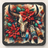 Weihnachtskuh Bull Skull Poinsettias Feathers Getränkeuntersetzer (Vorderseite)