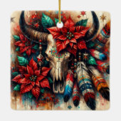 Weihnachtskuh Bull Skull Poinsettias Feathers Keramikornament (Rückseite)