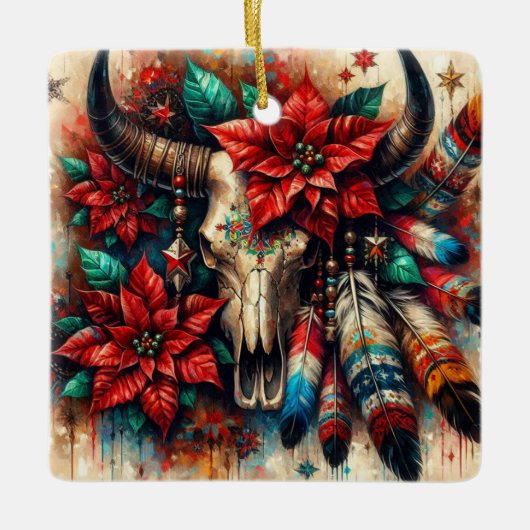 Weihnachtskuh Bull Skull Poinsettias Feathers Keramikornament (Vorderseite)