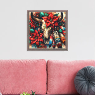 Weihnachtskuh Bull Skull Poinsettias Feathers Leinwanddruck