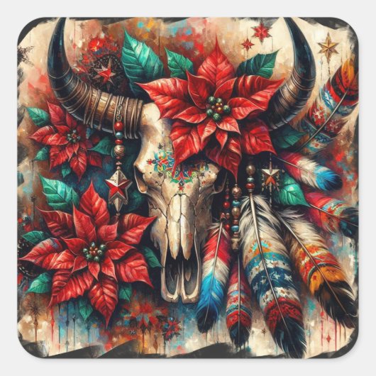 Weihnachtskuh Bull Skull Poinsettias Feathers Quadratischer Aufkleber (Vorderseite)