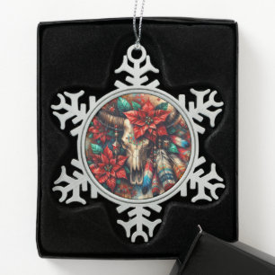 Weihnachtskuh Bull Skull Poinsettias Feathers Schneeflocken Zinn-Ornament