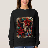 Weihnachtskuh Bull Skull Poinsettias Feathers Sweatshirt (Vorderseite)