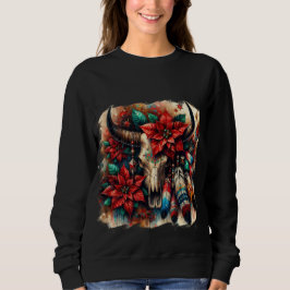 Weihnachtskuh Bull Skull Poinsettias Feathers Sweatshirt