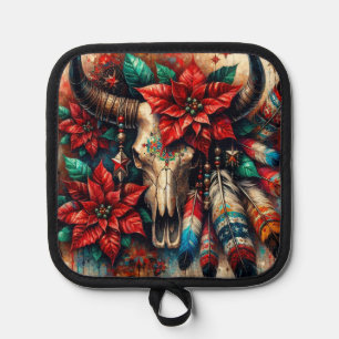 Weihnachtskuh Bull Skull Poinsettias Feathers Topflappen