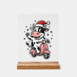Weihnachtskuh fährt auf rosa Roller Vintage Vector Acrylschild
