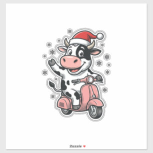 Weihnachtskuh fährt auf rosa Roller Vintage Vektor Aufkleber