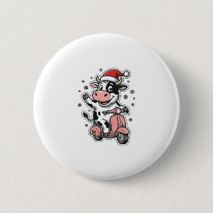 Weihnachtskuh fährt auf rosa Roller Vintage Vektor Button