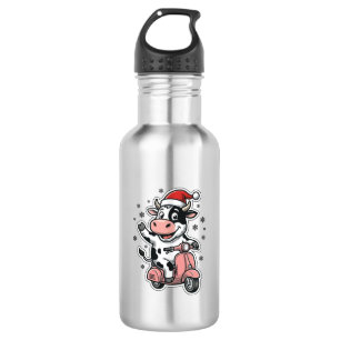 Weihnachtskuh fährt auf rosa Roller Vintage Vektor Edelstahlflasche